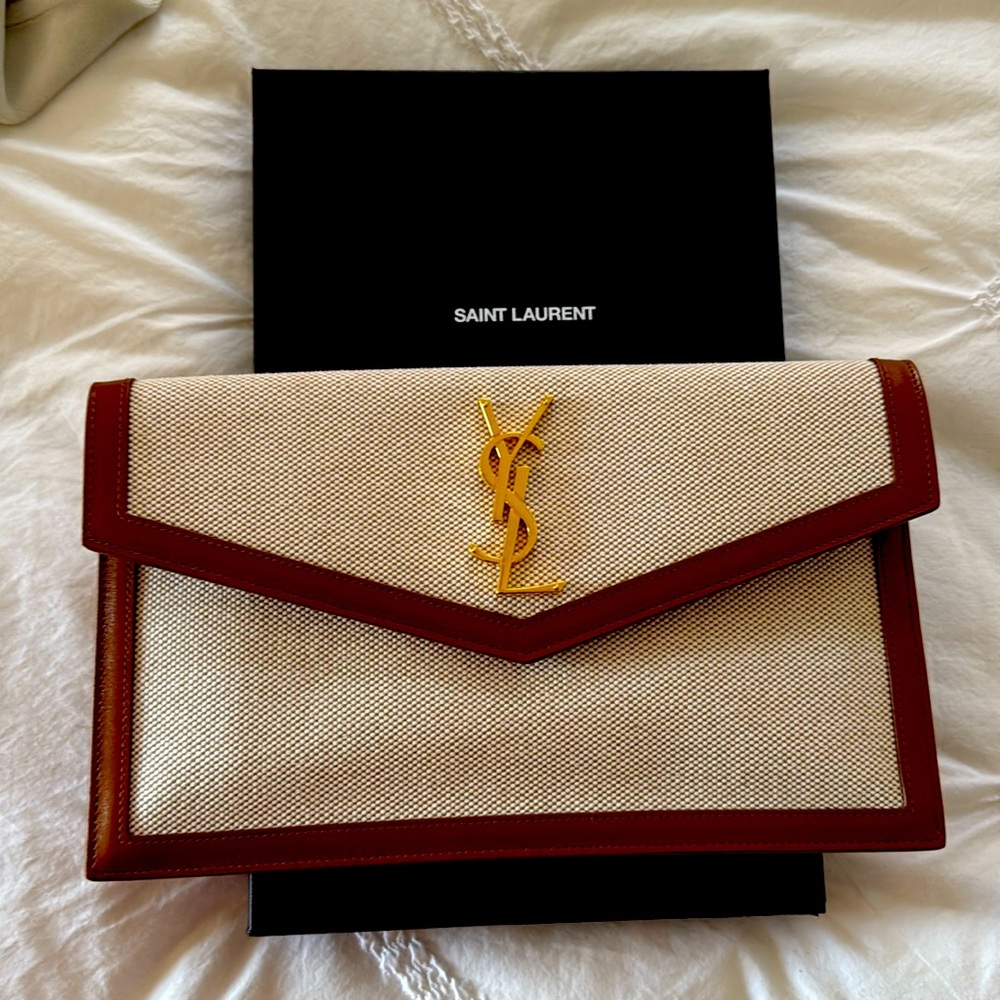 Authentic NEW with Box & Bag YSL Beige Uptown Clutch